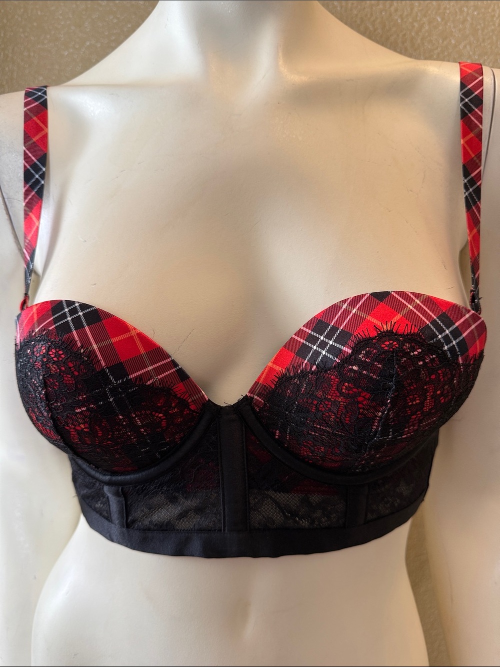 Victoria's Secret Red and Black Plaid Lace Longline Bra